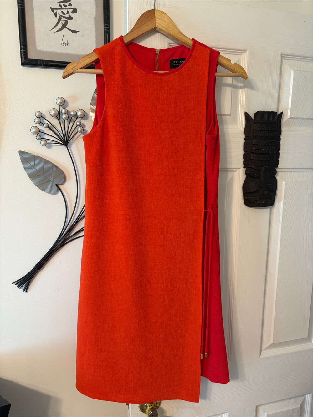Tahari Bright Orange Sleeveless Mini Shift Dress with Side Tie